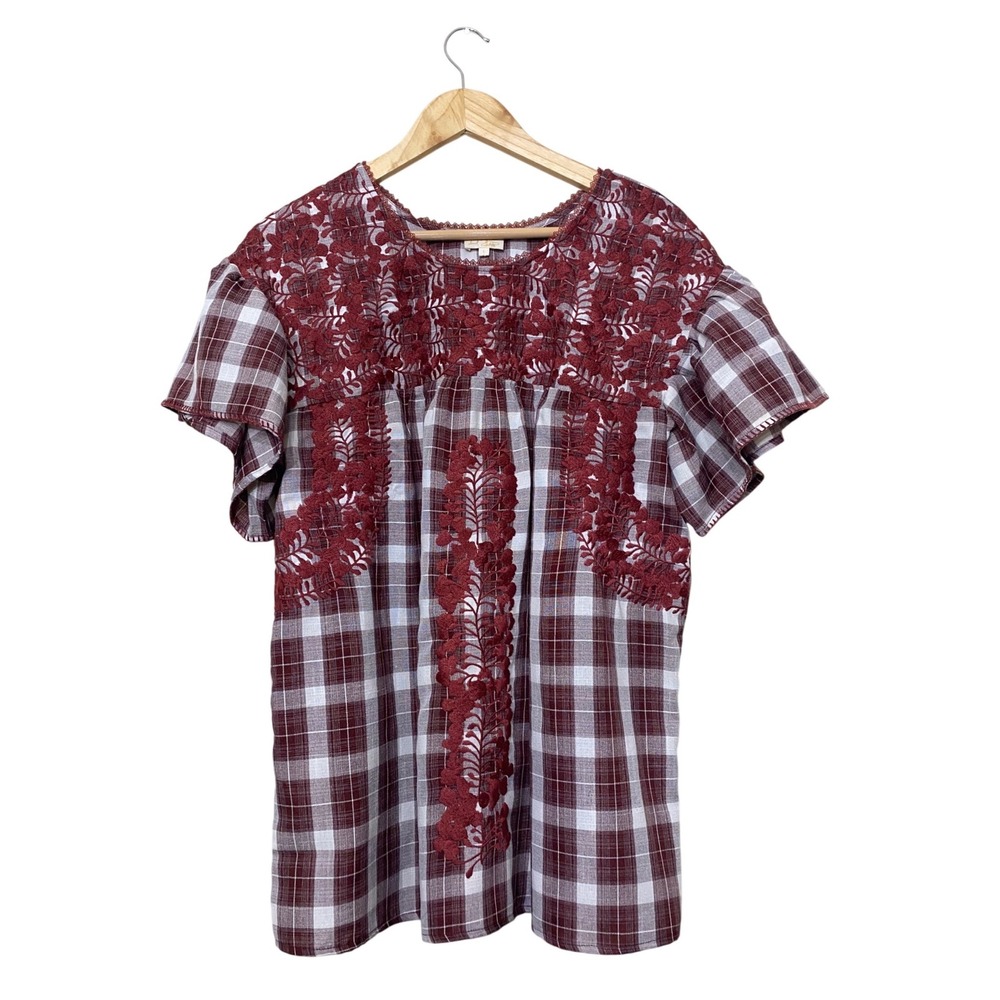 Light & Sky Clothing Burgundy Plaid Embroidered Babydoll Peasant Top Large CR260